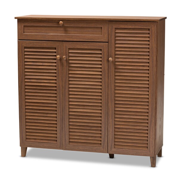 Baxton Studio Coolidge Walnut Finished 11-Shelf Wood Shoe Storage with Drawer - 156-9391