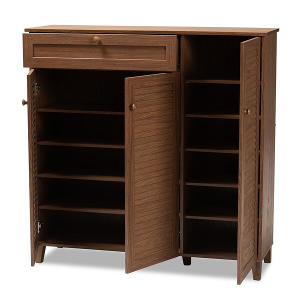 Baxton Studio Coolidge Walnut Finished 11-Shelf Wood Shoe Storage with Drawer - 156-9391