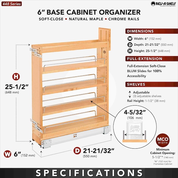 Rev-A-Shelf Maple Wood; Steel, Natural Maple, 6 in W, 25.5 in H, 21.63 in D - 448-BCSC-5C