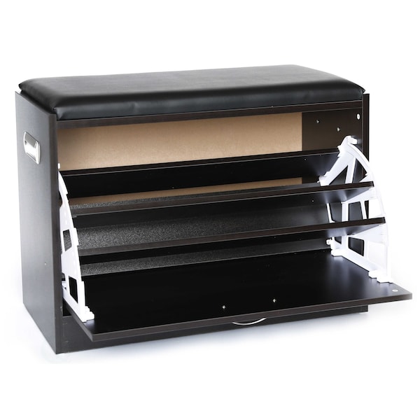 Basicwise Black Wooden Fold-out Shoe Organizer - Shoe Storage Bench with Leather Cushion - QI003384