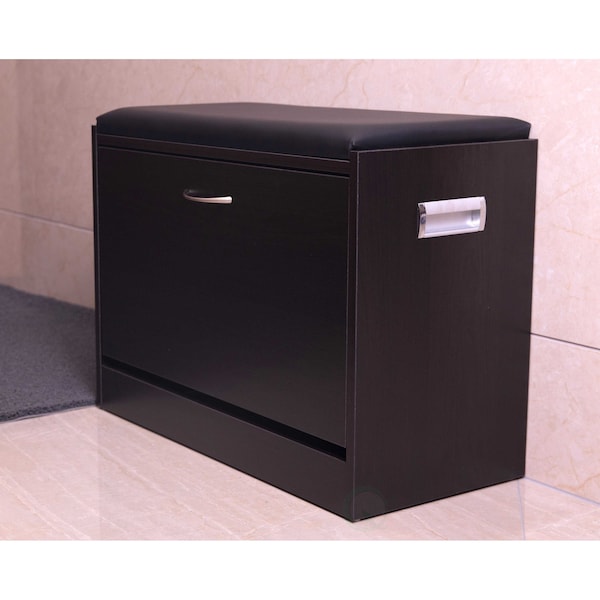 Basicwise Black Wooden Fold-out Shoe Organizer - Shoe Storage Bench with Leather Cushion - QI003384