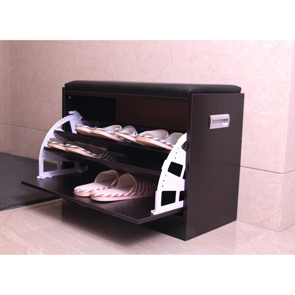 Basicwise Black Wooden Fold-out Shoe Organizer - Shoe Storage Bench with Leather Cushion - QI003384