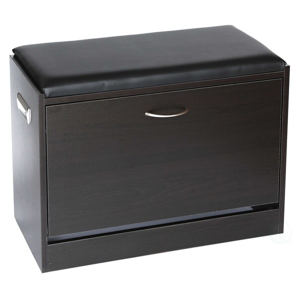 Basicwise Black Wooden Fold-out Shoe Organizer - Shoe Storage Bench with Leather Cushion - QI003384