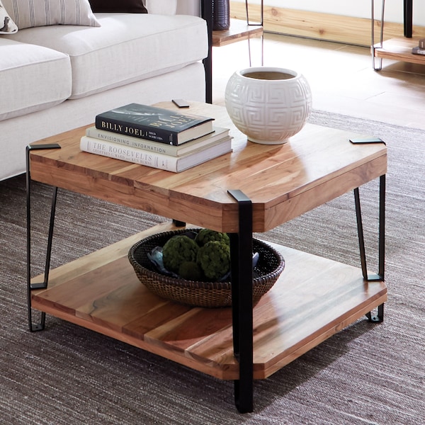Alaterre Furniture Ryegate Natural Live Edge Solid Wood with Metal Square Coffee Table, Natural - AWCC1320