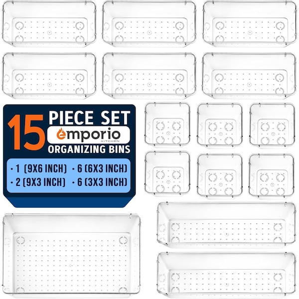 Emporio Kitchen Drawer Organizer Set Includes 1-piece 9x6 bins, 2-piece 9x3 bins, 6-piece 6x3 Bins 6-piece 3x3 Bins - EMPORGN15