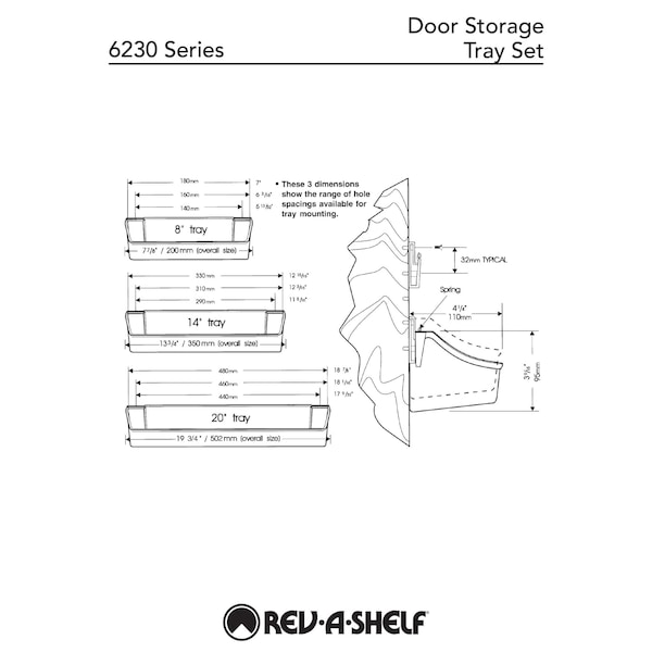 Rev-A-Shelf Polypropylene, White, 13.75 in W, 3.56 in H, 4.25 in D, 4.25 in L, White - 6232-14-11-52
