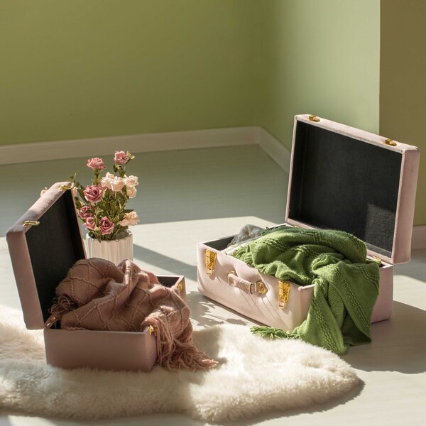 Vintiquewise Decorative Tufted Velvet Suitcase Treasure Chest, Pink, PK 2 - QI003982_PK