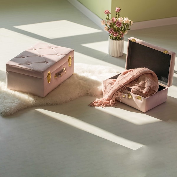 Vintiquewise Decorative Tufted Velvet Suitcase Treasure Chest, Pink, PK 2 - QI003982_PK