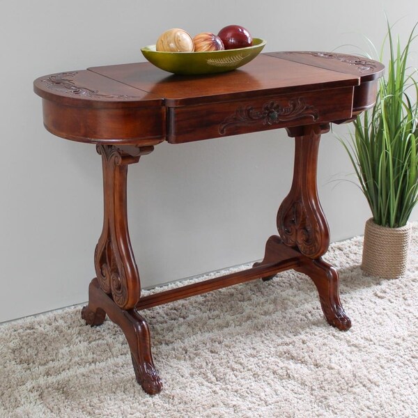 International Caravan Windsor Carved Wood Writing Table with Flip Up Drawers, Stain - ZM-3819-ST