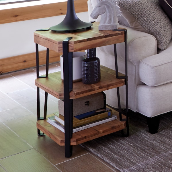 Alaterre Furniture Ryegate Natural Live Edge Solid Wood with Metal 2 Shelf End Table, Natural - AWCC0220