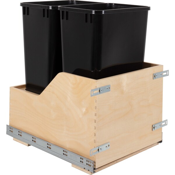 Hardware Resources Dbl 50 Quart Wood Bottom-Mount Soft-Close Trashcan Rollout For Door Mounting, Includes 2 Black Cans - CDM-WBMD5018B
