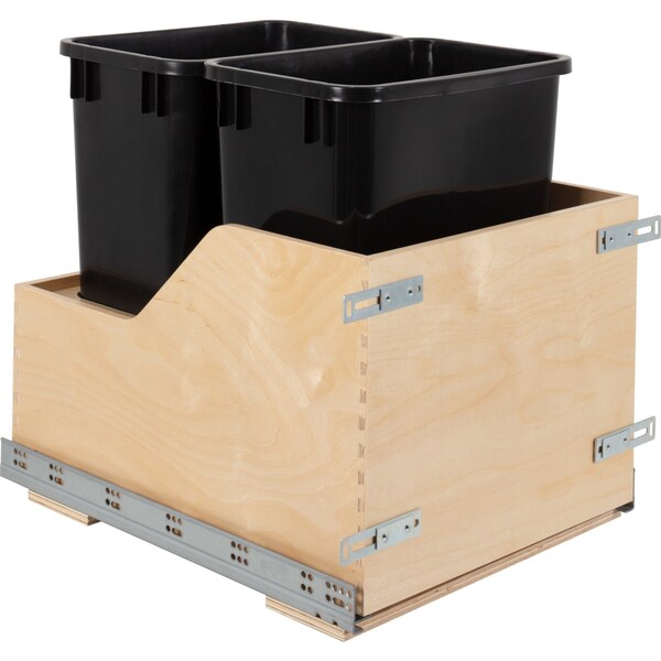 Hardware Resources Dbl 35 Quart Wood Bottom-Mount Soft-Close Trashcan Rollout For Door Mounting, Includes 2 Black Cans - CDM-WBMD3518B