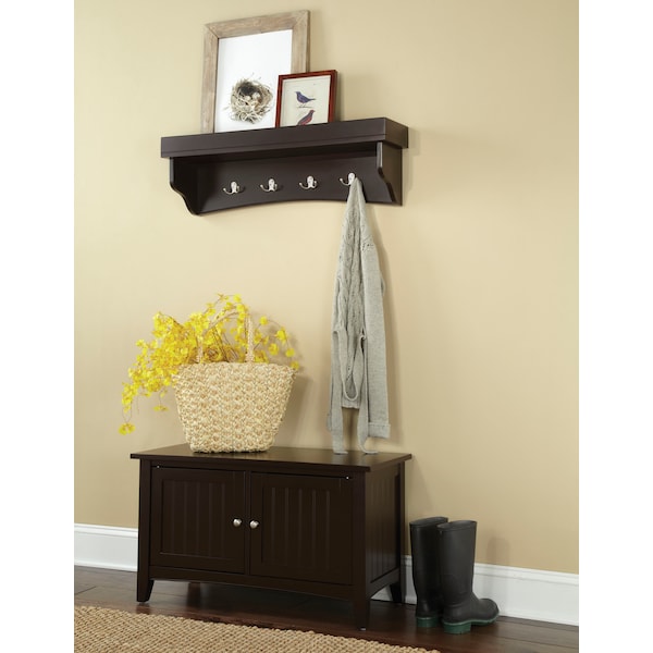 Alaterre Furniture Shaker Cottage Tray Shelf Coat Hook with Cabinet Bench, Chocolate - ASCA0509CL