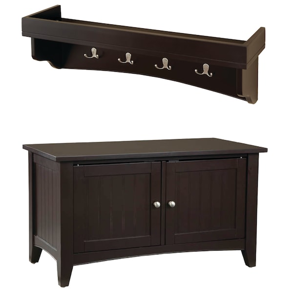 Alaterre Furniture Shaker Cottage Tray Shelf Coat Hook with Cabinet Bench, Chocolate - ASCA0509CL