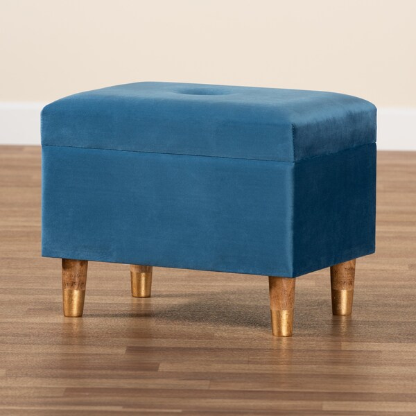 Baxton Studio Elias Modern and Contemporary Sky Blue Velvet Fabric and Oak Brown Finished Wood Storage Ottoman - 178-11319-ZORO
