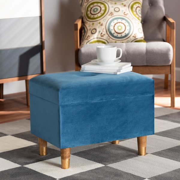 Baxton Studio Elias Modern and Contemporary Sky Blue Velvet Fabric and Oak Brown Finished Wood Storage Ottoman - 178-11319-ZORO