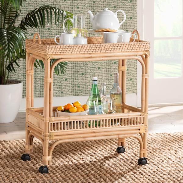 Bali & Pari Lombok Modern Bohemian Natural Brown Rattan Wine Cart - 238-13391-ZORO