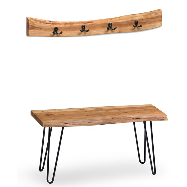 Alaterre Furniture Hairpin Natural Live Edge 36" Bench with Coat Hook Set - AWDD032320