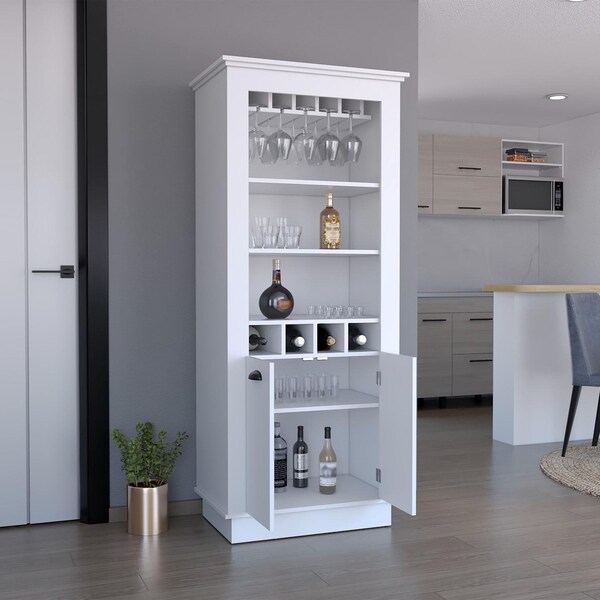 Tuhome Lafayette Bar Cabinet with 4-Bottle Rack. Upper Glass Holder and Dual Door Design-White - MLB9074