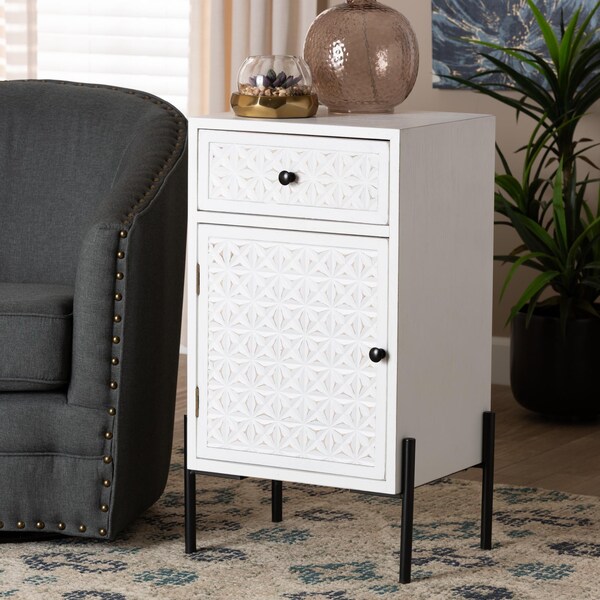 Baxton Studio Nefeli Mid-Century Transitional White Finished Wood and Black Metal 1-Drawer Storage Cabinet - 239-13519-ZORO