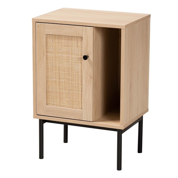 Baxton Studio Sherwin Mid-Century Modern Light Brown and Black 1-Door Cabinet with Woven Rattan Accent - 233-13220-ZORO