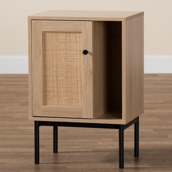 Baxton Studio Sherwin Mid-Century Modern Light Brown and Black 1-Door Cabinet with Woven Rattan Accent - 233-13220-ZORO