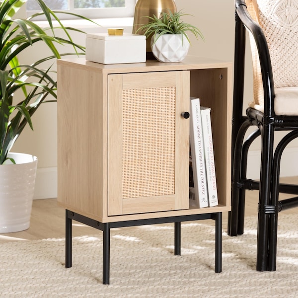 Baxton Studio Sherwin Mid-Century Modern Light Brown and Black 1-Door Cabinet with Woven Rattan Accent - 233-13220-ZORO