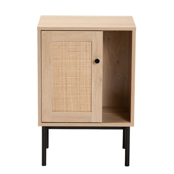Baxton Studio Sherwin Mid-Century Modern Light Brown and Black 1-Door Cabinet with Woven Rattan Accent - 233-13220-ZORO