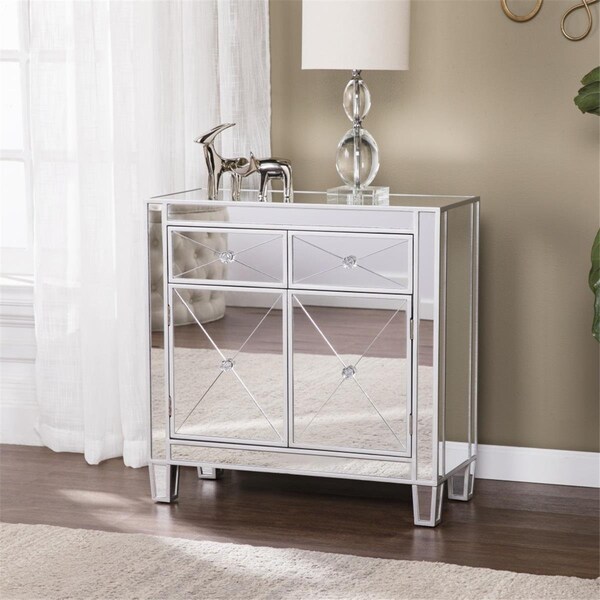 Gfancy Fixtures Glamorous Mirrored Bling Two Door Storage Accent Cabinet Silver - GF3109321