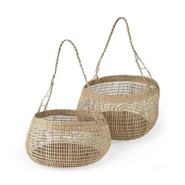Homeroots 9.44 x 14.96 x 14.96 in. Wicker Storage Baskets with Long Handles, Brown - 392167