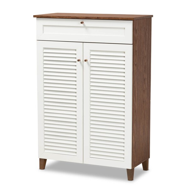 Baxton Studio Coolidge White and Walnut Wood 5-Shelf Shoe Cabinet with Drawer - 163-10394
