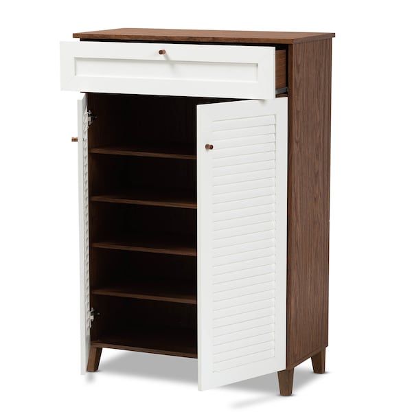 Baxton Studio Coolidge White and Walnut Wood 5-Shelf Shoe Cabinet with Drawer - 163-10394