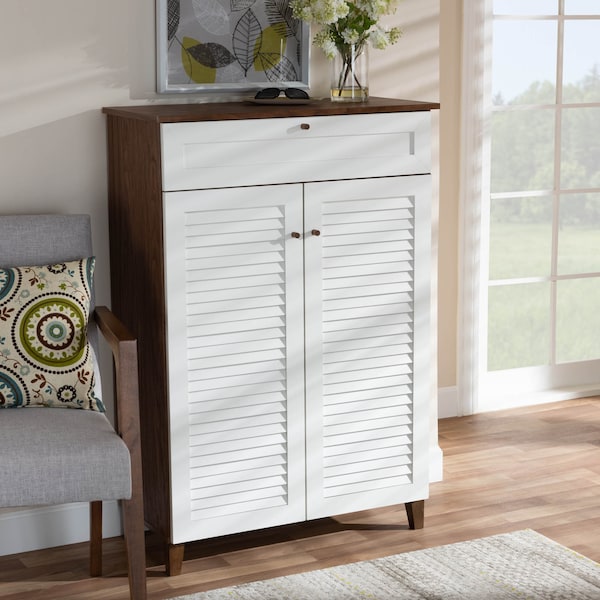 Baxton Studio Coolidge White and Walnut Wood 5-Shelf Shoe Cabinet with Drawer - 163-10394