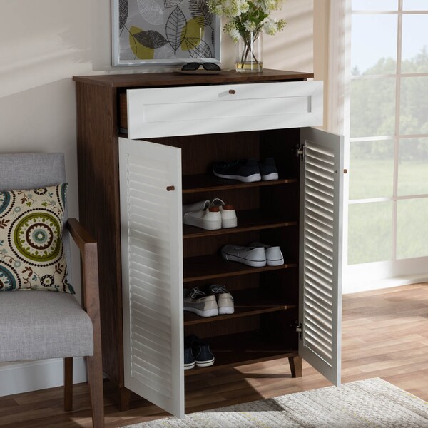 Baxton Studio Coolidge White and Walnut Wood 5-Shelf Shoe Cabinet with Drawer - 163-10394