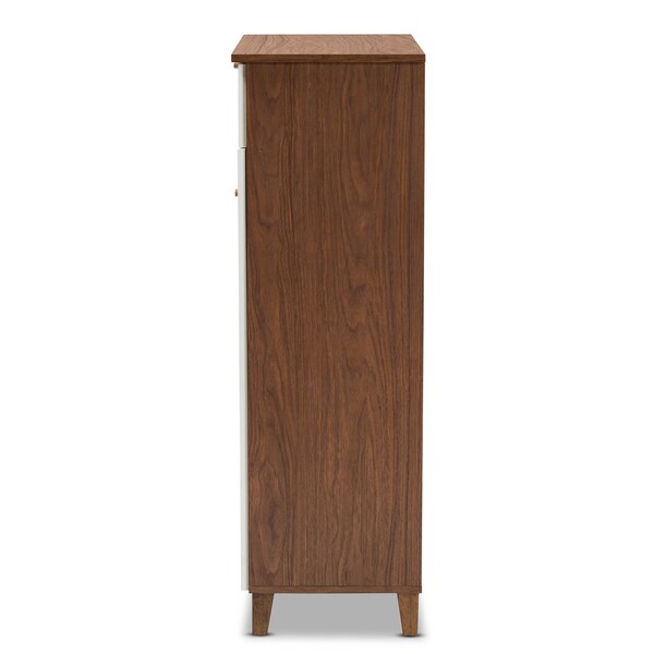 Baxton Studio Coolidge White and Walnut Wood 5-Shelf Shoe Cabinet with Drawer - 163-10394