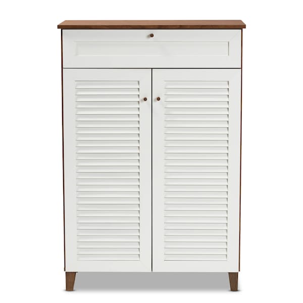 Baxton Studio Coolidge White and Walnut Wood 5-Shelf Shoe Cabinet with Drawer - 163-10394