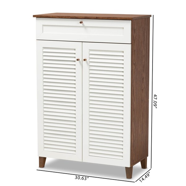 Baxton Studio Coolidge White and Walnut Wood 5-Shelf Shoe Cabinet with Drawer - 163-10394