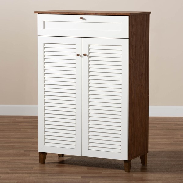 Baxton Studio Coolidge White and Walnut Wood 5-Shelf Shoe Cabinet with Drawer - 163-10394