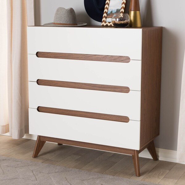 Baxton Studio Calypso Mid-Century White and Walnut Wood 4-Drawer Storage Chest - 137-7500