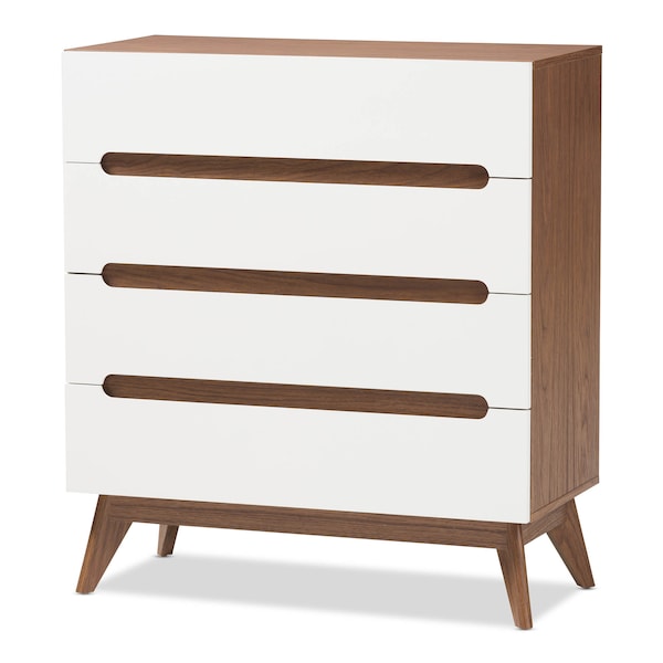 Baxton Studio Calypso Mid-Century White and Walnut Wood 4-Drawer Storage Chest - 137-7500
