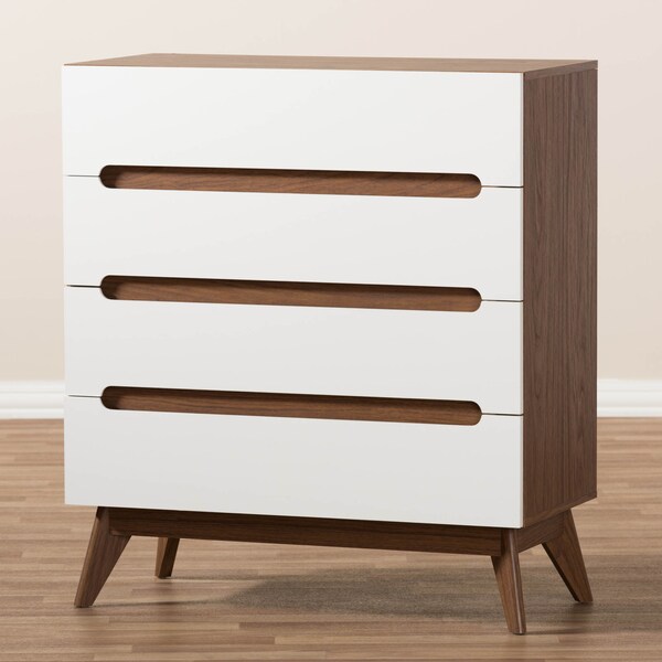 Baxton Studio Calypso Mid-Century White and Walnut Wood 4-Drawer Storage Chest - 137-7500