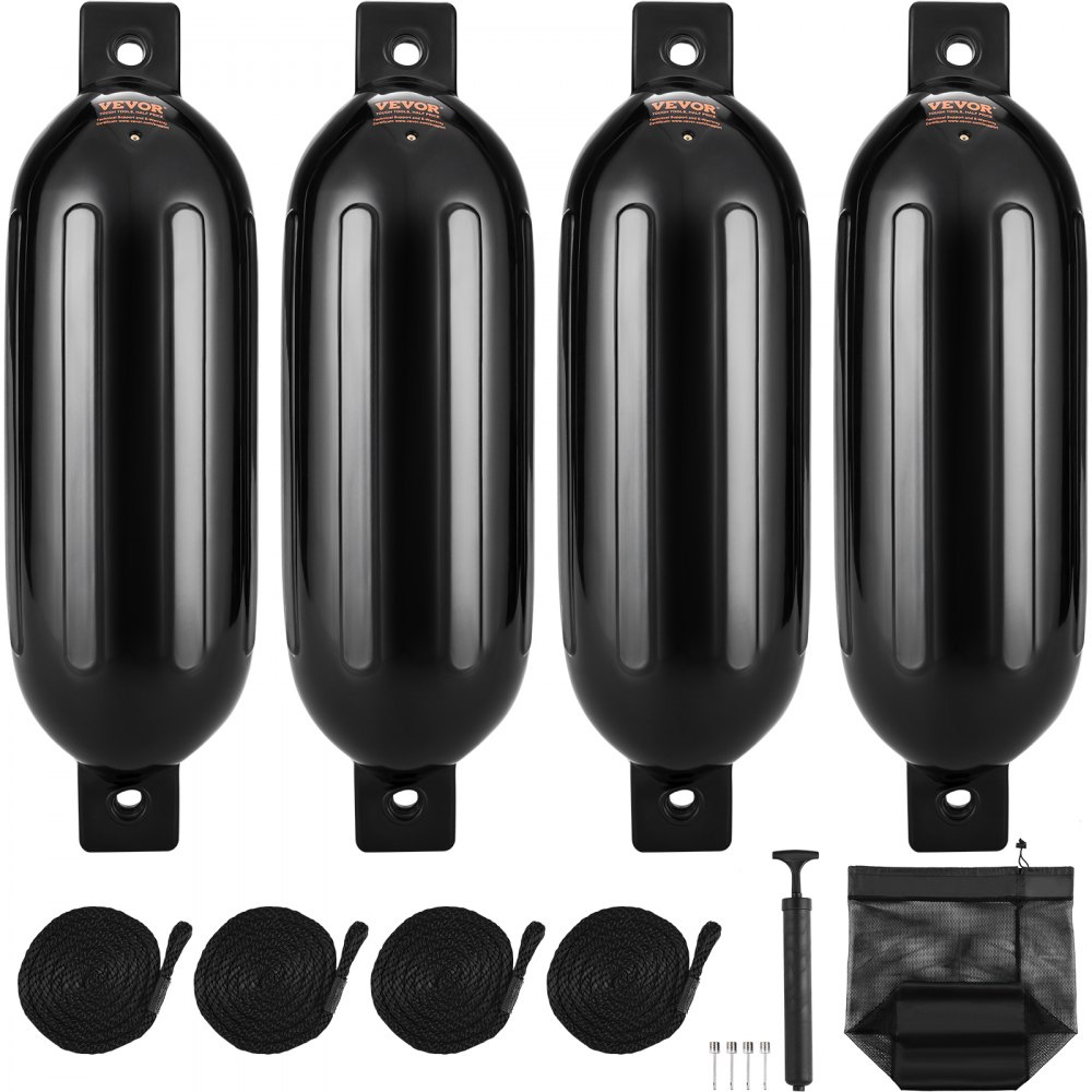 VEVOR Boat Fenders, 6.5" x 23" Boat Bumpers for Docking, Inflatable Ribbed Fender with Center Holes, Marine Boat Dock Fender Bumper with Air Pump, 4 Needles and 4 Ropes and Storage Bag, Black - CYHX4JZ65YCTVZR20V0