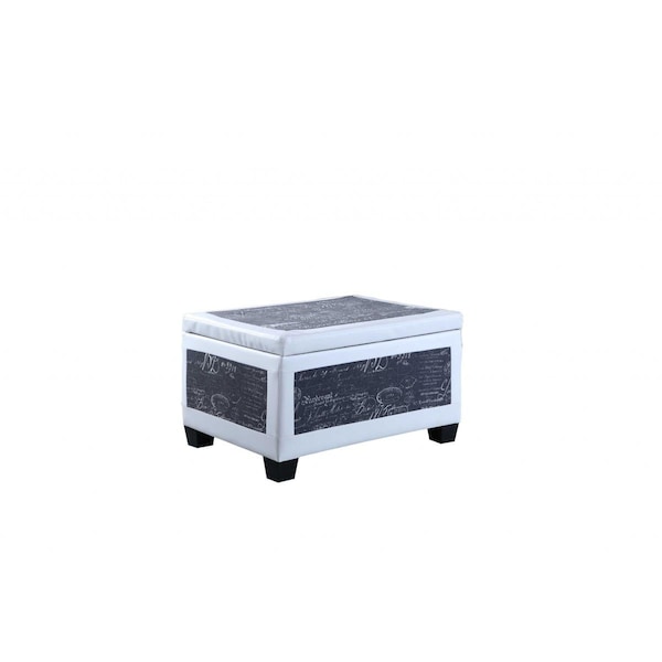 Homeroots Black Postcard Faux Leather Storage Bench & Two Ottomans; Blue & White - 469417