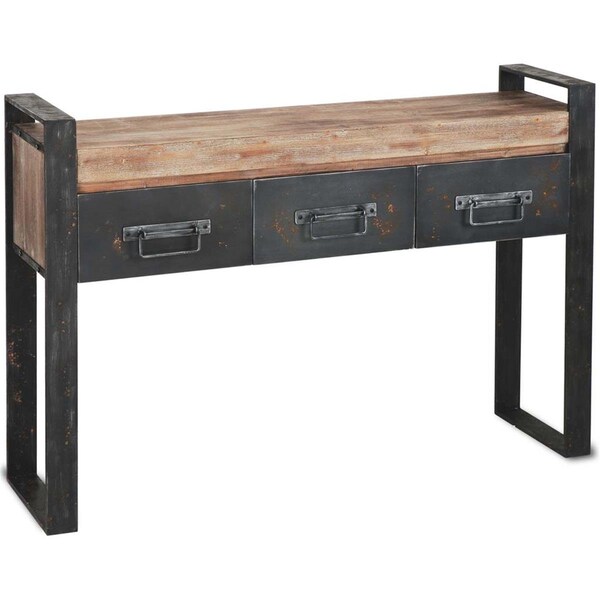 Homeroots Medium Brown Wooden Console Table with Black Metal Frame & 3 Storage Drawers - 380248