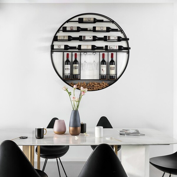 Vintiquewise Vintage Decorative Modern Black Metal Round Wall Mounted Wine Display Rack w/Cork and Glass Holder - QI004276.KD