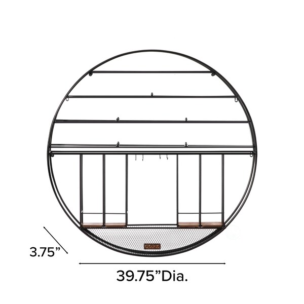 Vintiquewise Vintage Decorative Modern Black Metal Round Wall Mounted Wine Display Rack w/Cork and Glass Holder - QI004276.KD