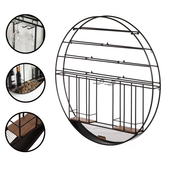 Vintiquewise Vintage Decorative Modern Black Metal Round Wall Mounted Wine Display Rack w/Cork and Glass Holder - QI004276.KD