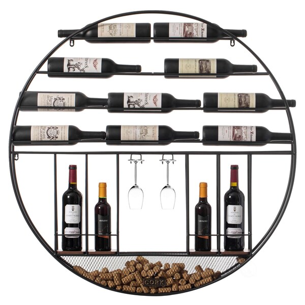 Vintiquewise Vintage Decorative Modern Black Metal Round Wall Mounted Wine Display Rack w/Cork and Glass Holder - QI004276.KD