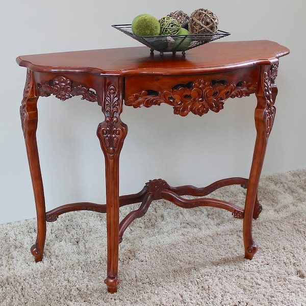 International Caravan Windsor Hand-Carved Half Moon Console Table, Stain - ZM-3803-ST