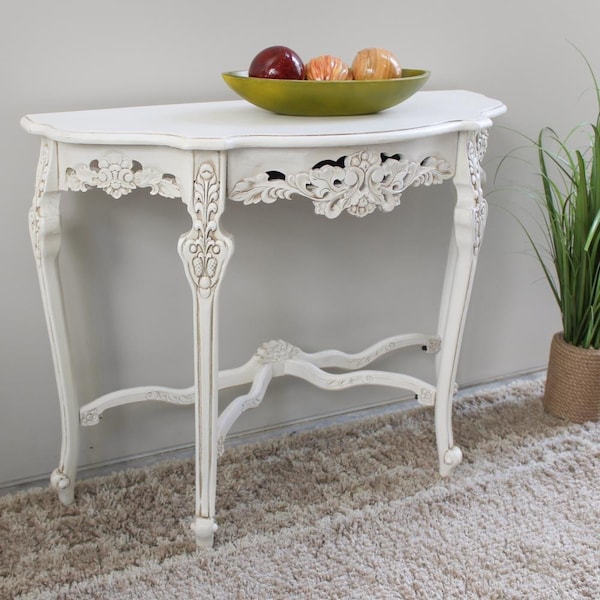 International Caravan Windsor Hand-Carved Half Moon Console Table, Antique White - ZM-3803-AW